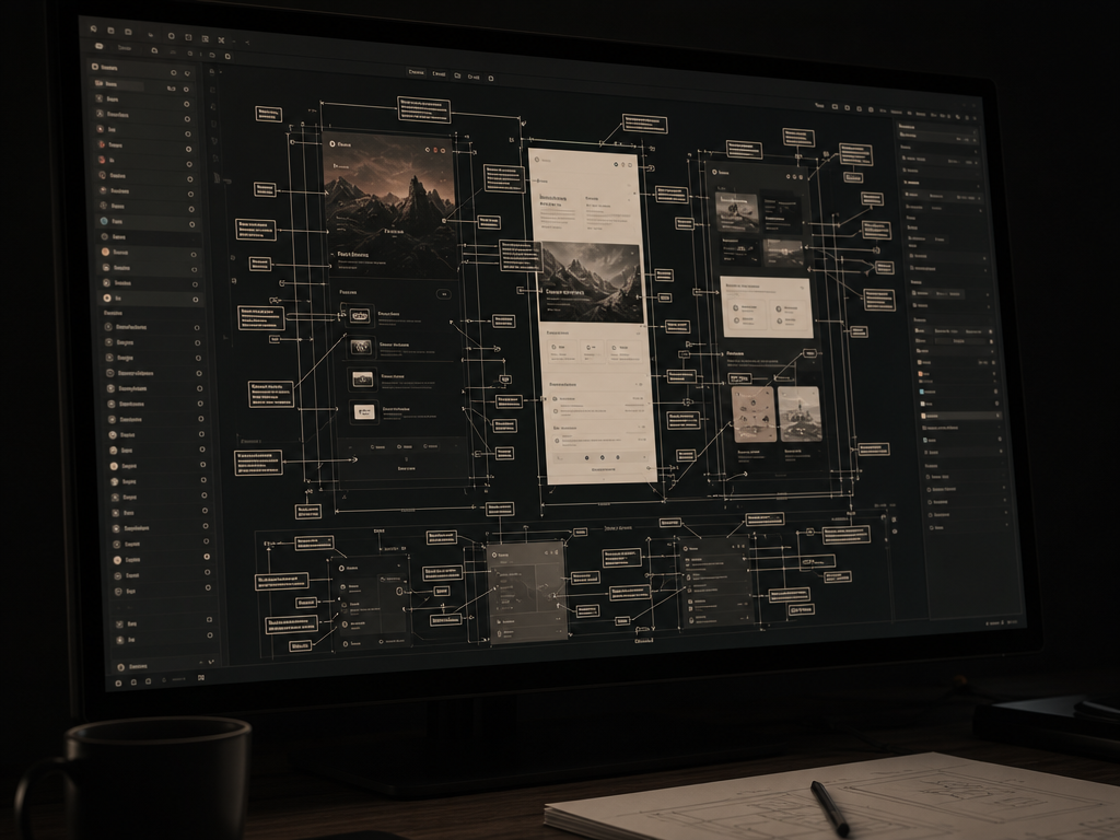 A monitor in a dark room showing a design file covered in dense machine-generated annotations