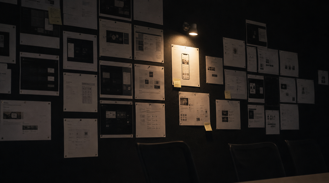 A wall of printed UI screens pinned in a grid in a dark studio, one lit by a spotlight