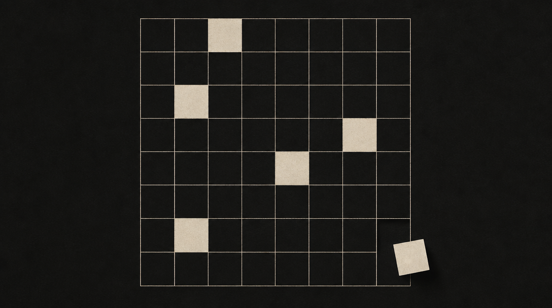 A strict off-white grid on black, one cell slipping outside the grid